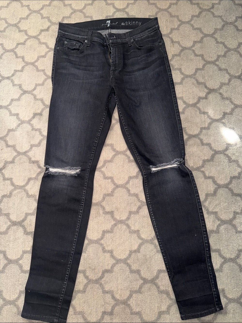 7 For All Mankind Skinny Ripped Knee Jeans - Dark Black Wash